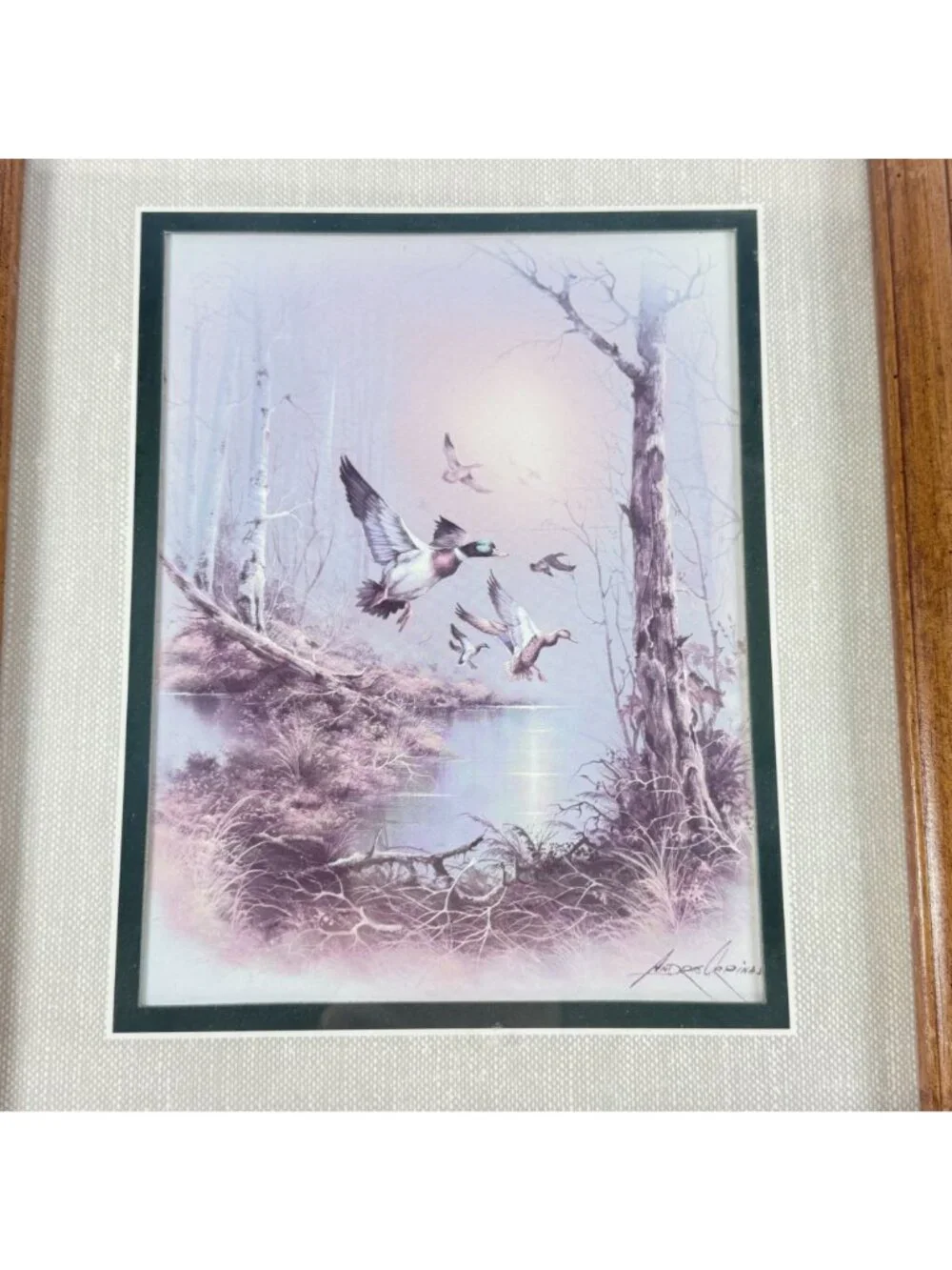 Vintage Andres Orpinas Prints Flying Ducks Double Matted Framed Signed 13 x 11